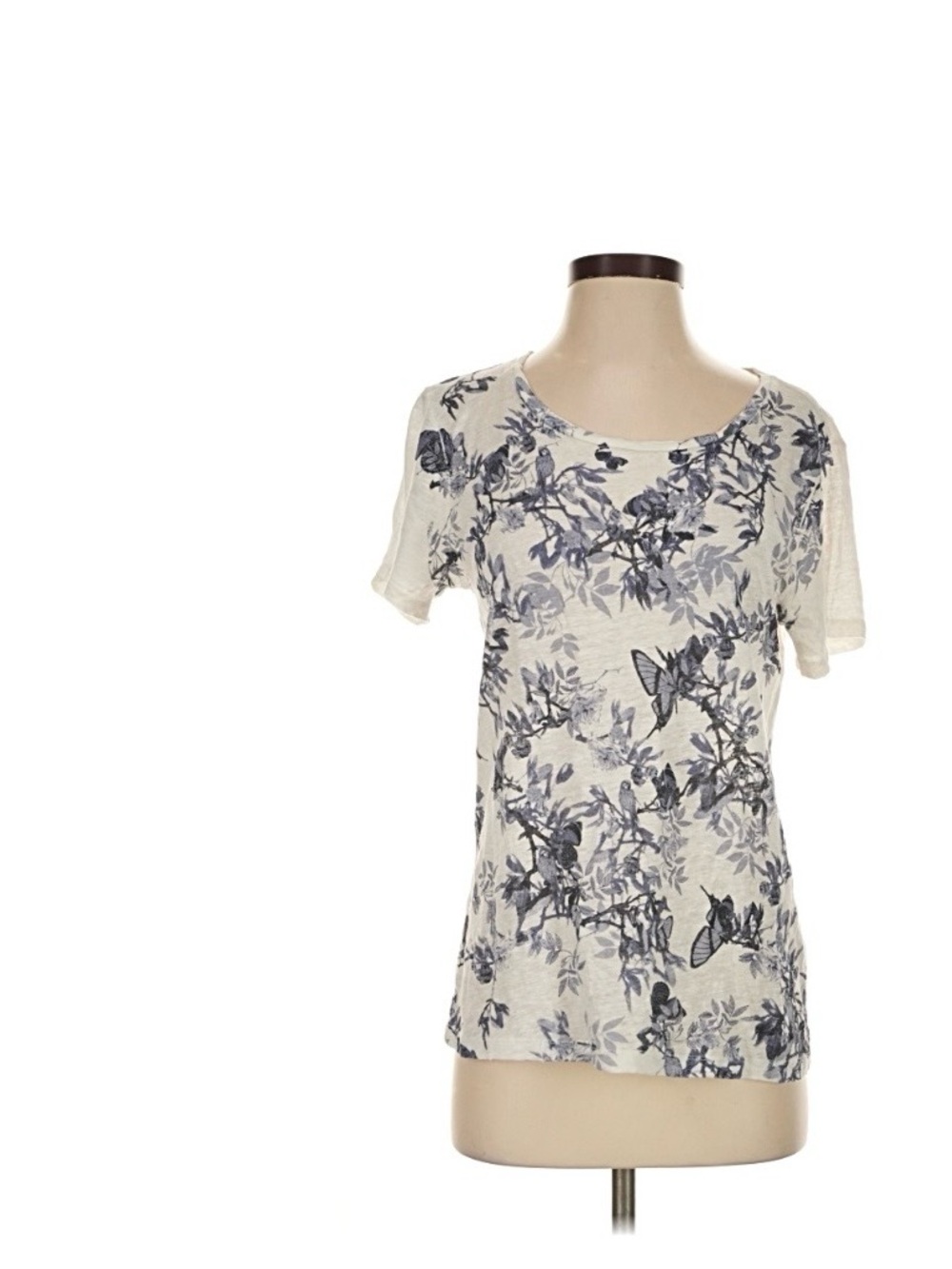 GUC J Crew Linen Floral Butterfly Short Sleeve Tee - Cream and Navy